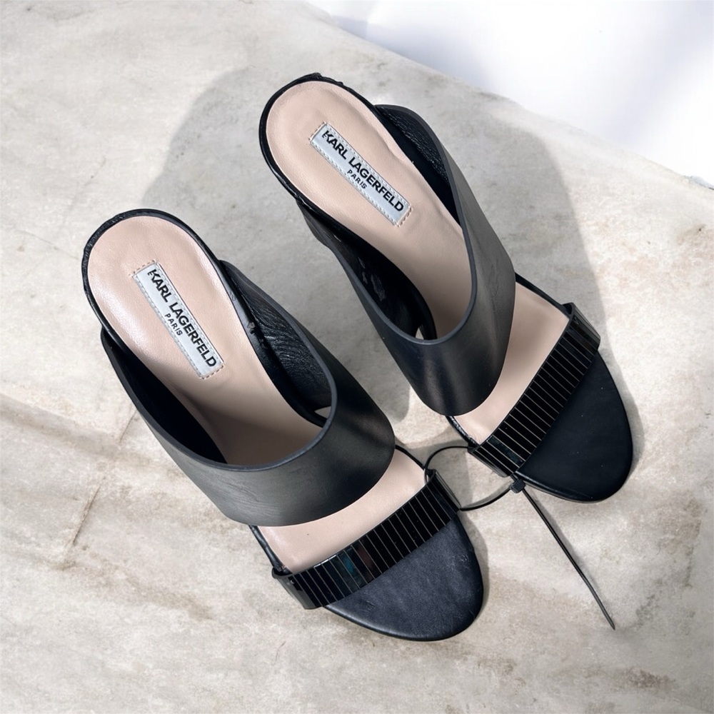 Karl Lagerfeld Black‎ Leather Open Toe Wedge Sandals Women’s Size 7.5 Designer